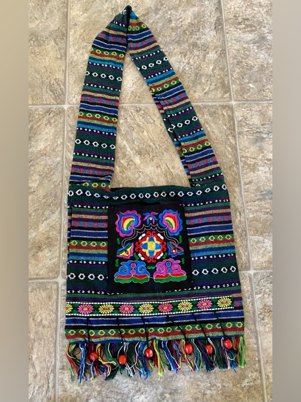 New Handcrafted Black Multicolor Embroidered Boho Crossbody Bag